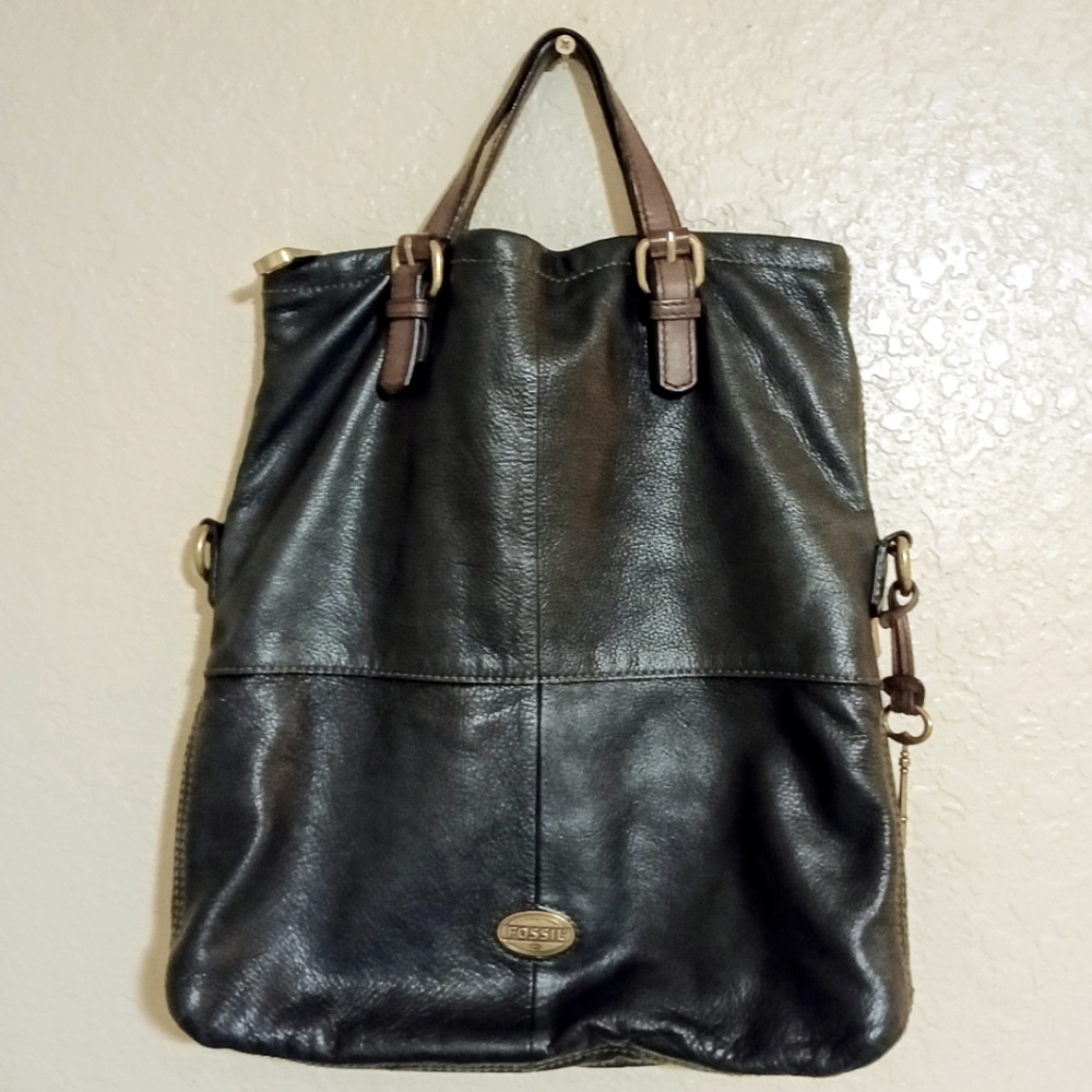FOSSIL Vtg Explorer Fold Over Leather Hand Shoulder Crossbody Bag Black Leather